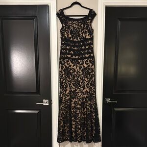 Tadashi Shoji Tan and Black Off The Shoulder Sheath Dress